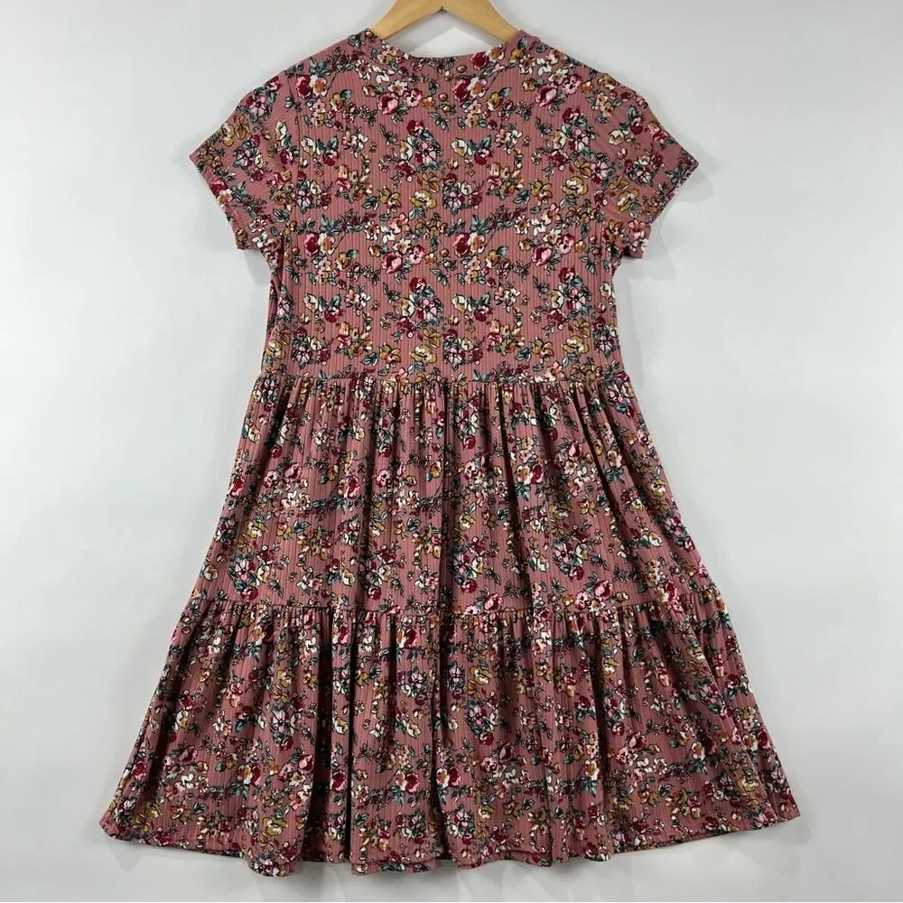 Jessica Simpson Floral Tiered Dress Size M Pink Short Sleeve Ribbed Knit - Picture 4 of 6